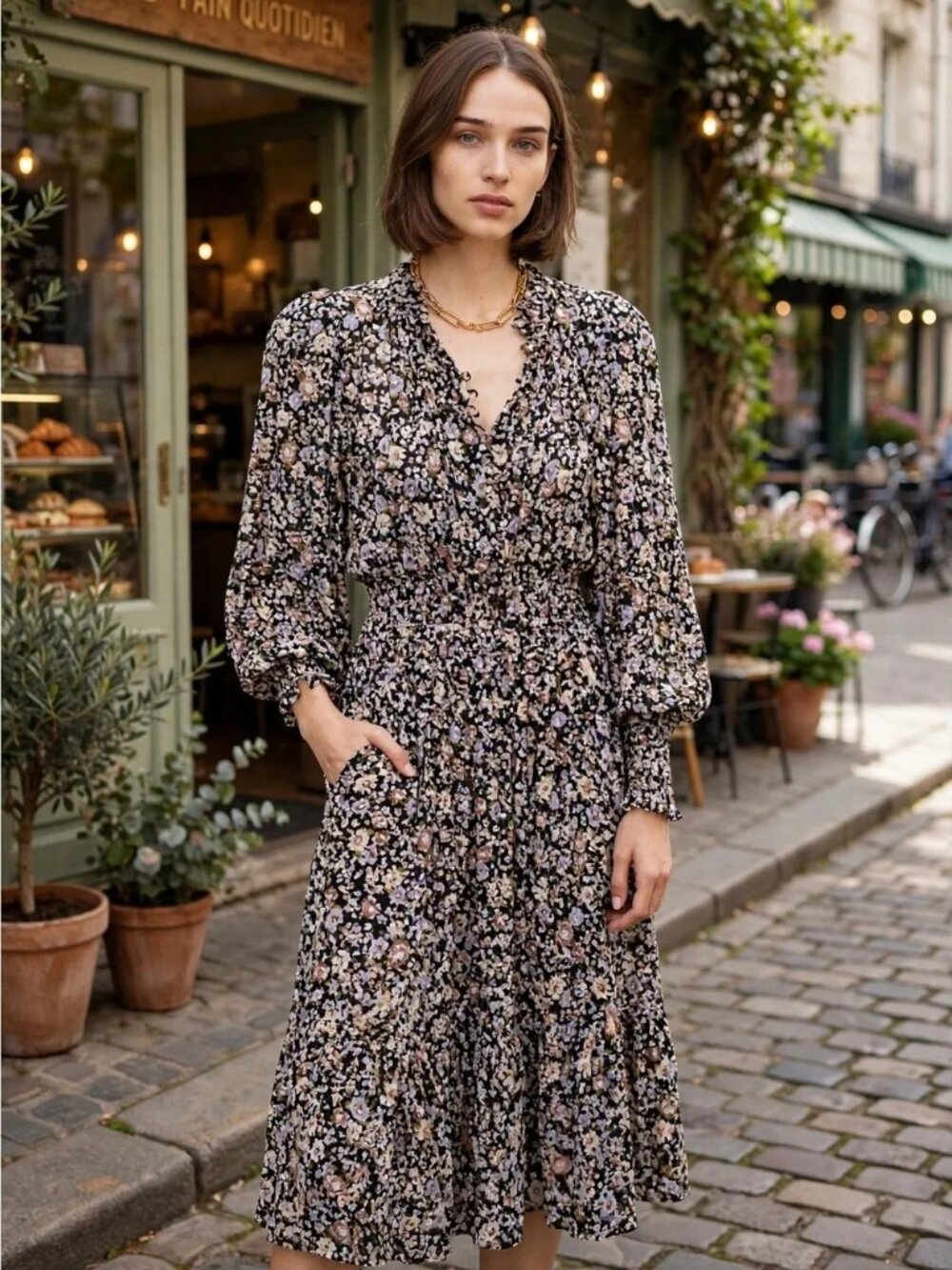 SEA New York Carson Dress Fall Floral midi Smocked Waist Puff Sleeve Maxi MED